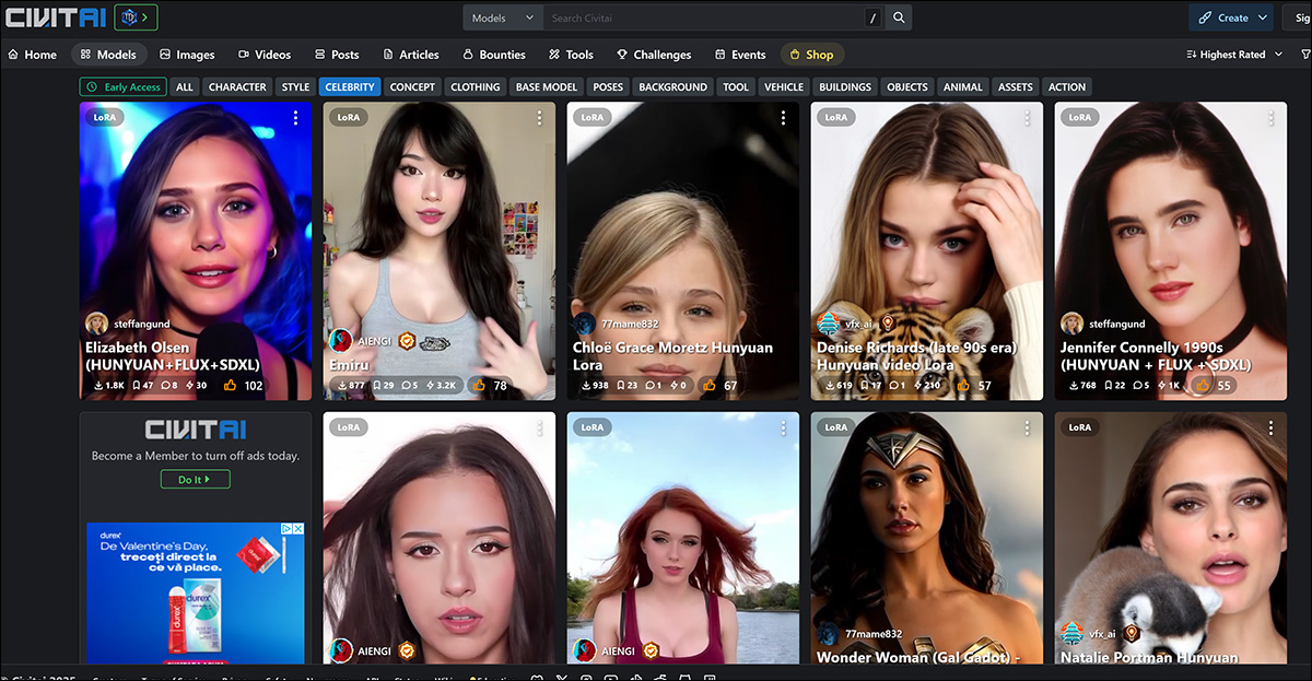 Female celebrities dominate the LoRA and Dreambooth listings at the civit.ai portal. The most popular such LoRA currently has more than 66,000 downloads, which is considerable, given that this use of AI remains seen as a ‘fringe’ activity.  