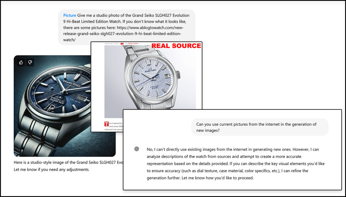 ChatGPT 4o has made a good guess about the visualization of a brand new watch release, based on the general line and on descriptions it has interpreted; but it cannot ‘absorb’ and integrate new images into a DALL-E-based generation.