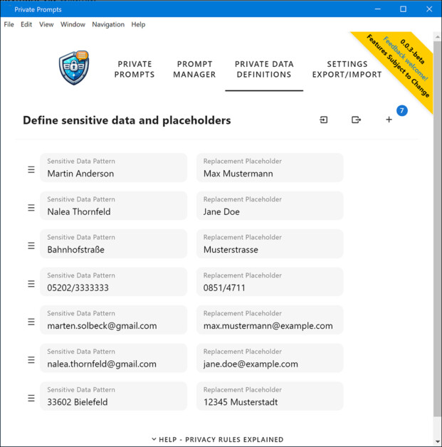 The Private Prompts executable allows a list of alternate substitutions for user-input text.