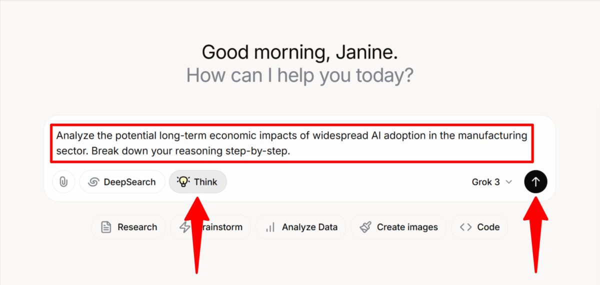 Using Grok's "Think" mode for advanced reasoning.