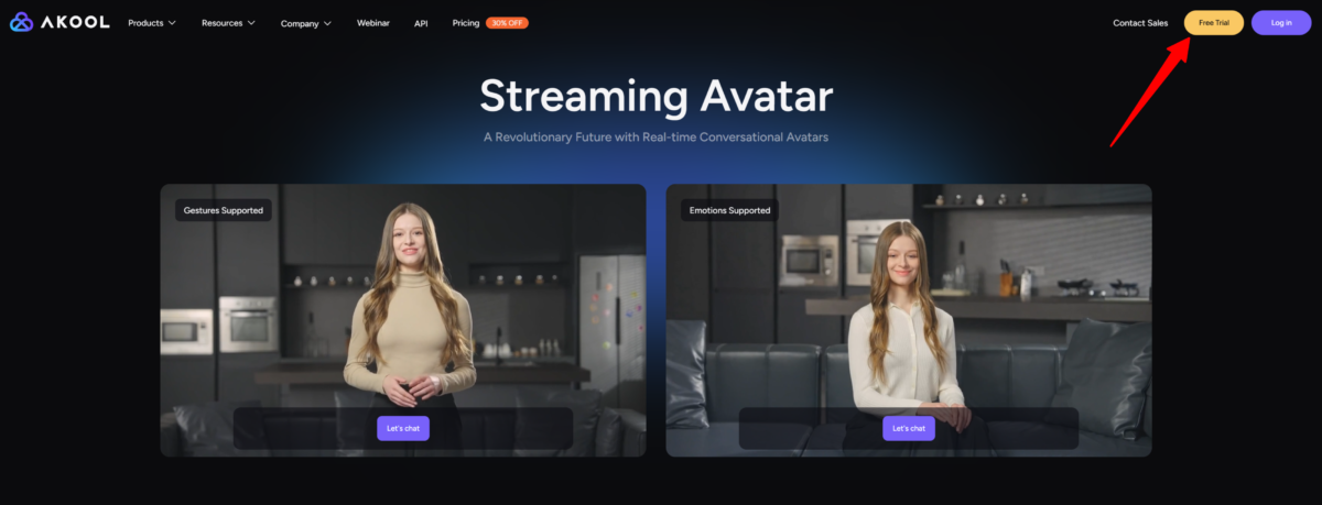 Selecting "Free Trial" on the Akool Avatar page.