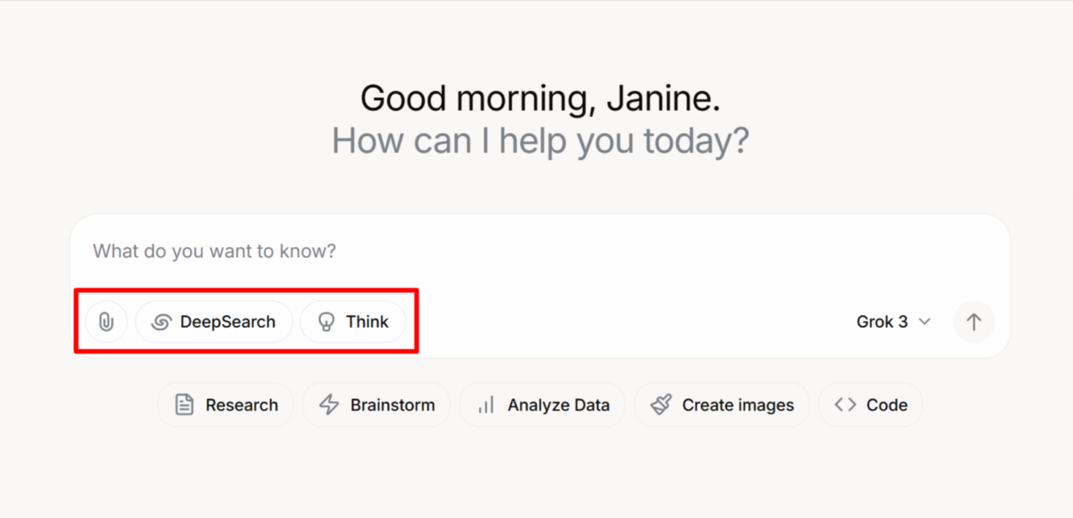 Emphasizing the attach files, DeepSearch, and Think options on Grok.