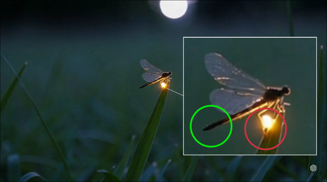 My own test of the researchers' prompt in Sora produces a result that shows Sora does not understand where a Firefly's light actually comes from.