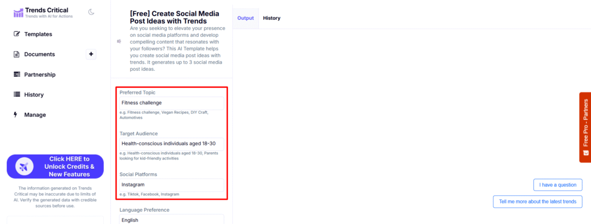 Filling out the template to create social media posts on Trends Critical.