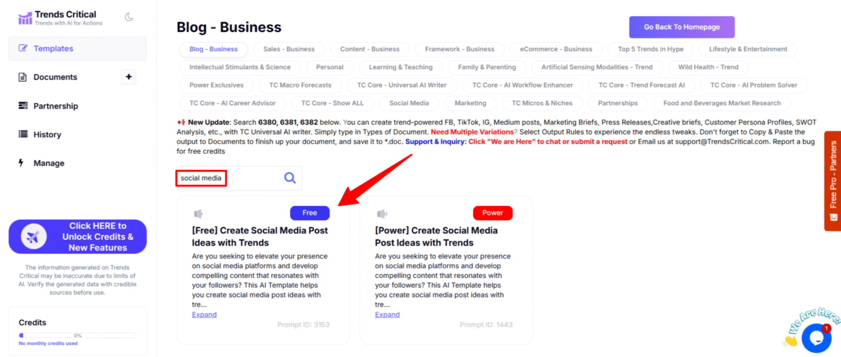 Selecting a social media template from Trends Critical.