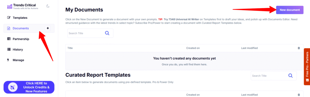 Creating a new document on Trends Critical.