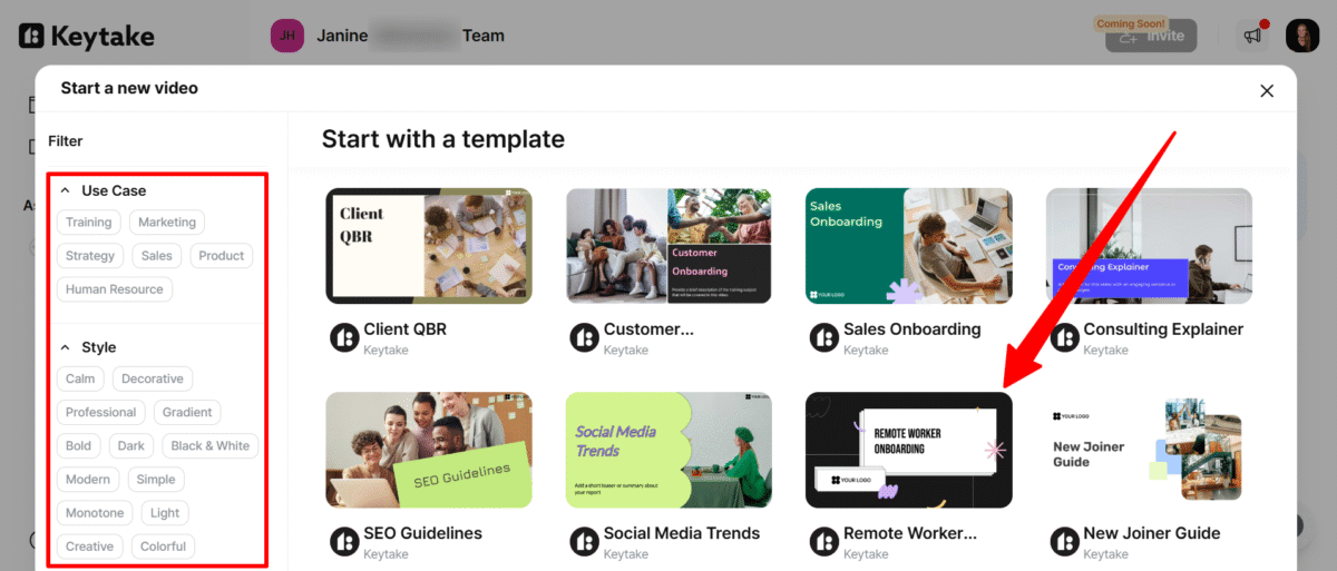 Selecting a template on Keytake.