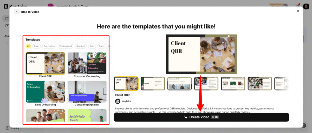 Selecting a template and creating a video with Keytake.