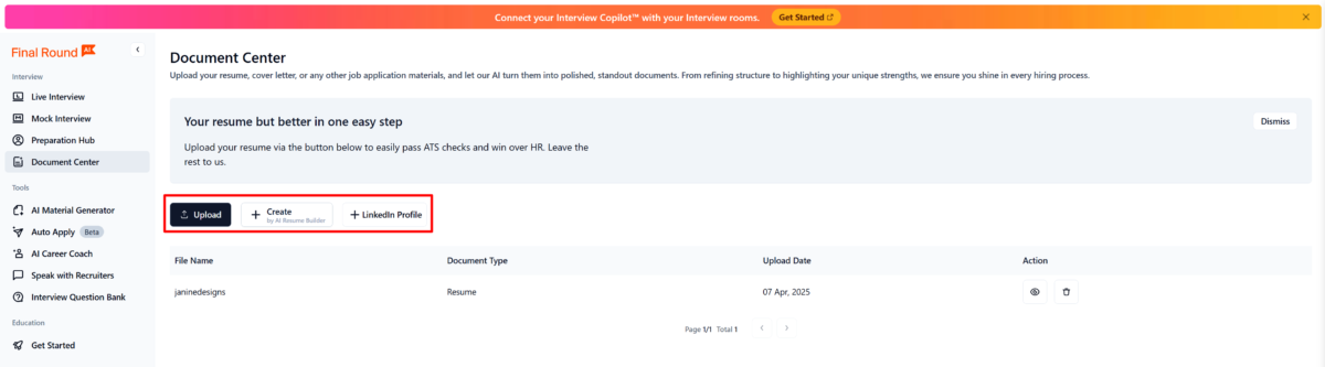 Three ways to upload and create a resume with Final Round AI.