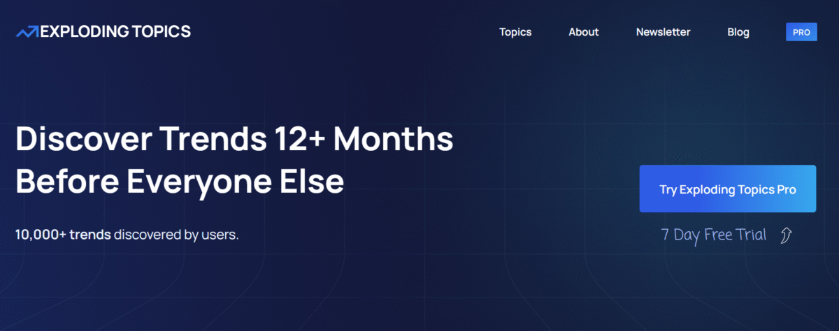 The Exploding Topics homepage.