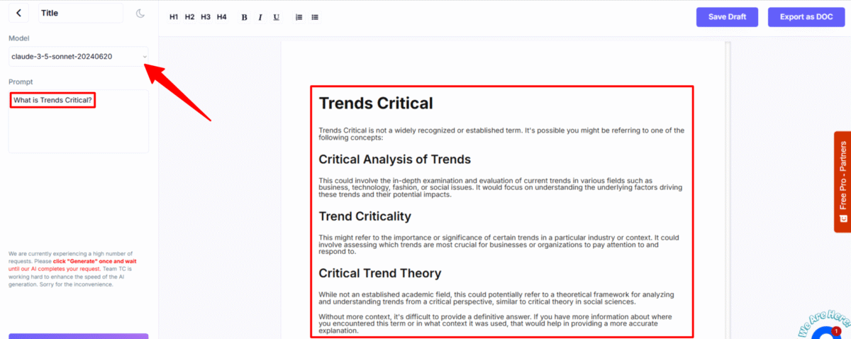 Generating content on Trends Critical with the Documents feature.
