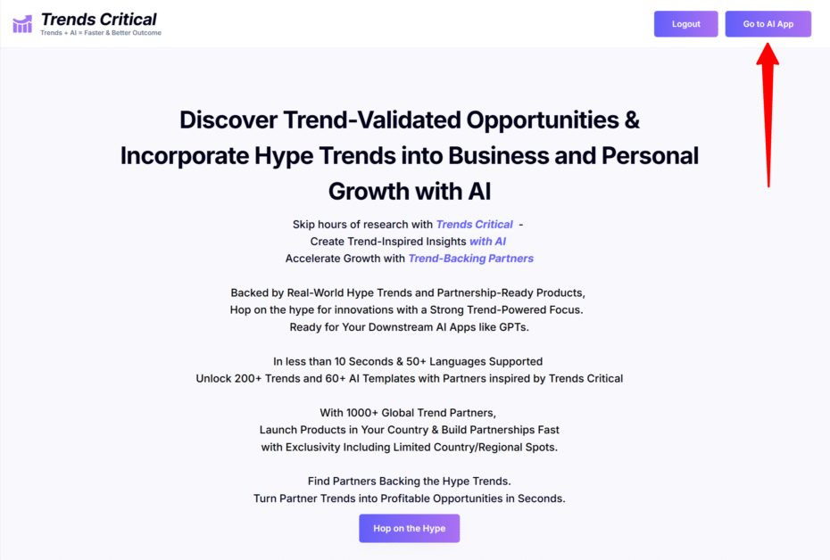 Selecting "Go to AI App" for Trends Critical.