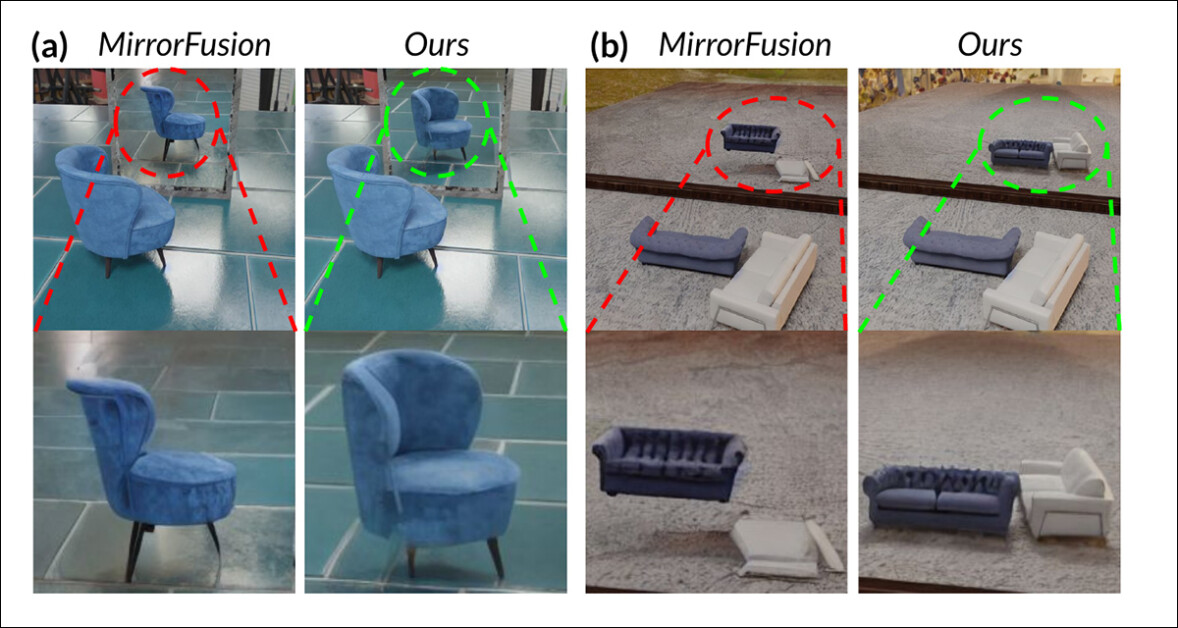 Comparison on MirrorBenchV2: the baseline failed to maintain accurate reflections and spatial consistency, showing incorrect chair orientation and distorted reflections of multiple objects, whereas (the authors contend) MirrorFusion 2.0 correctly renders the chair and the sofas, with accurate position, orientation, and structure.