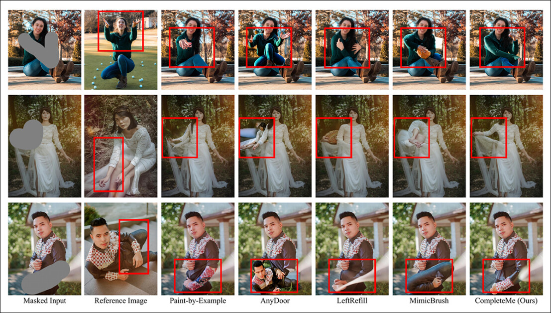Qualitative comparison with reference-based methods. CompleteMe produces more realistic completions and better preserves specific details from the reference image. The red boxes highlight areas of particular interest.
