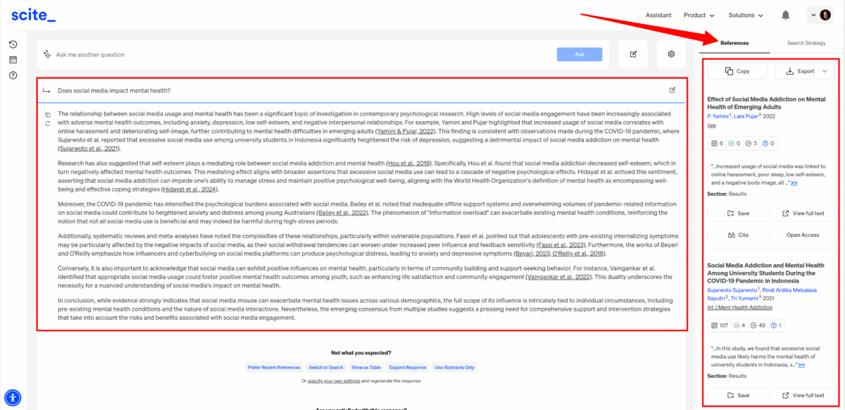 The generated response produced by Scite AI's assistant and the references listed in the side panel.