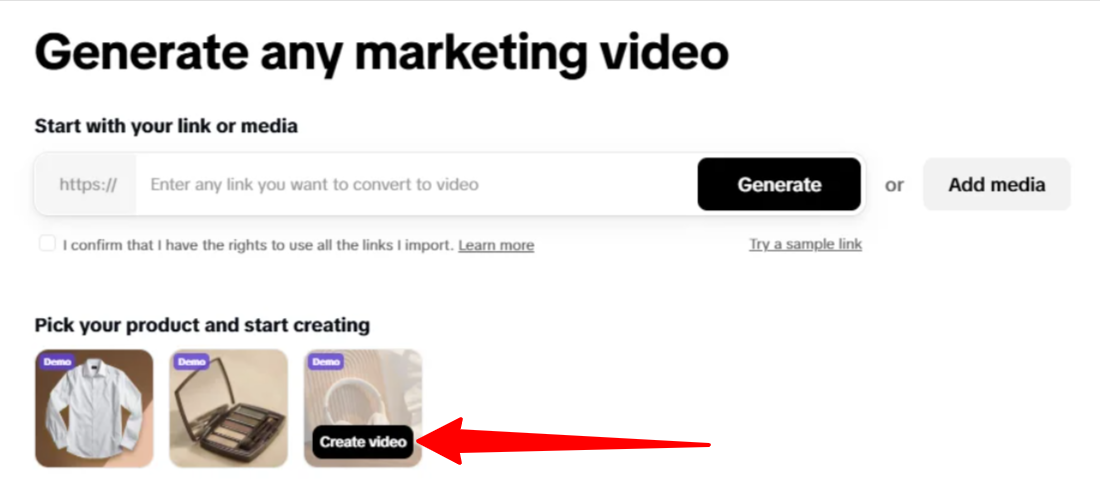 Creating a marketing video with Pippit AI by selecting one of the sample products.