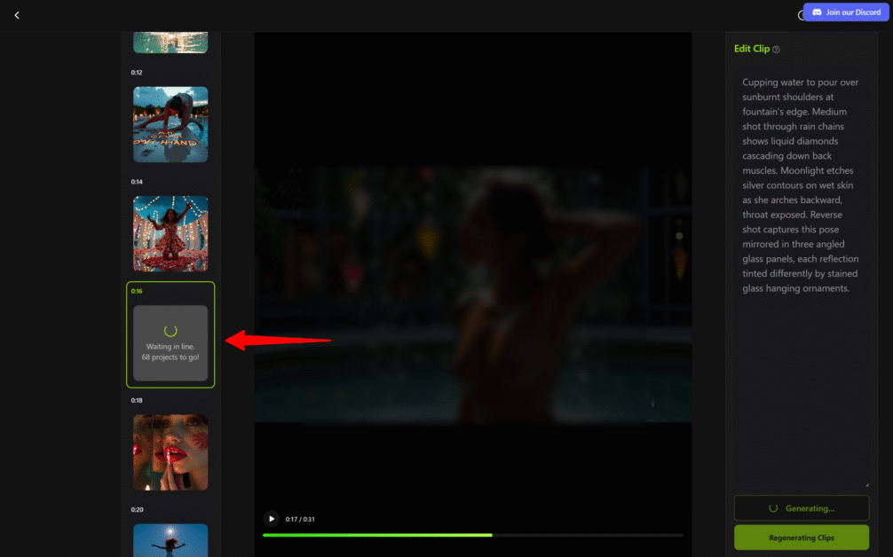 Waiting in line to regenerate a clip with Freebeat.