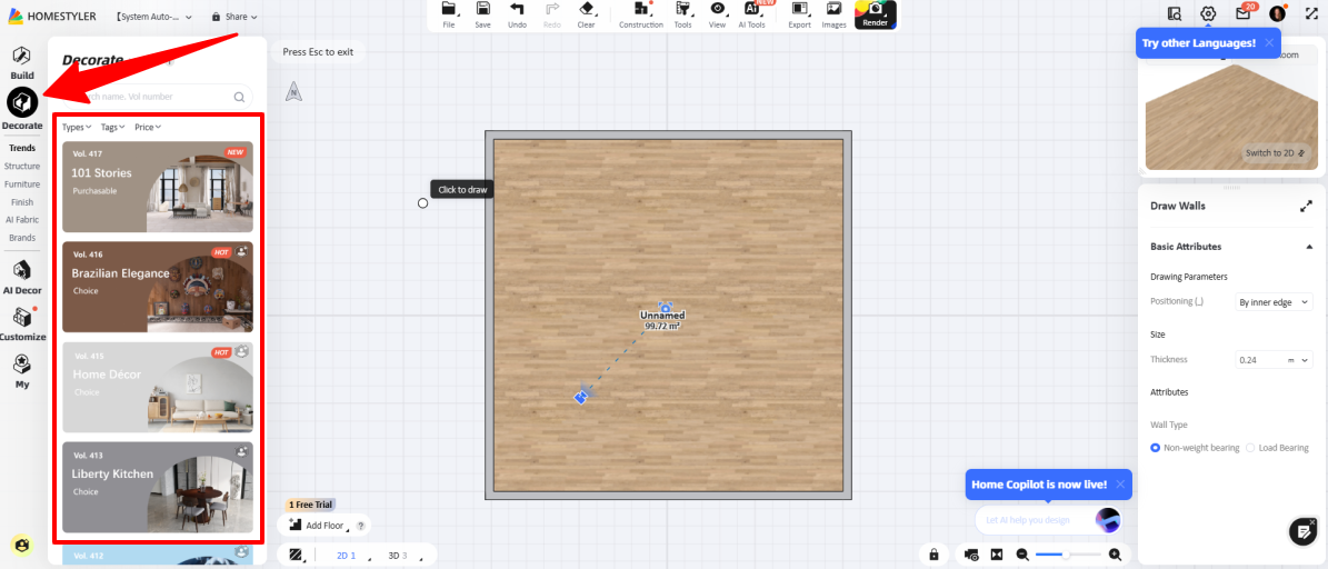 Selecting the furniture and decorations to add to a Homestyler project.