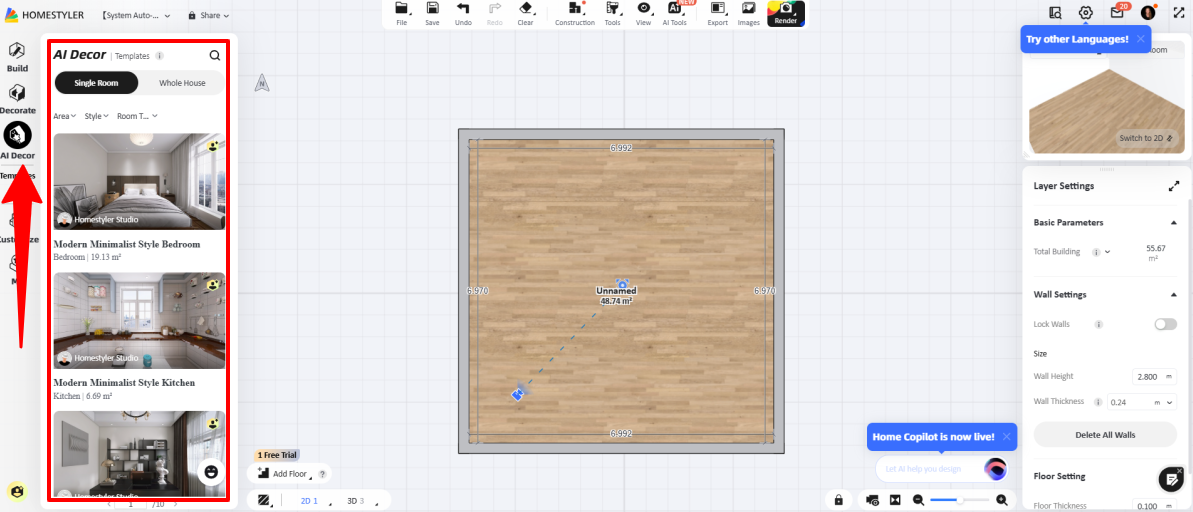 Applying AI Decor to a Homestyler project.