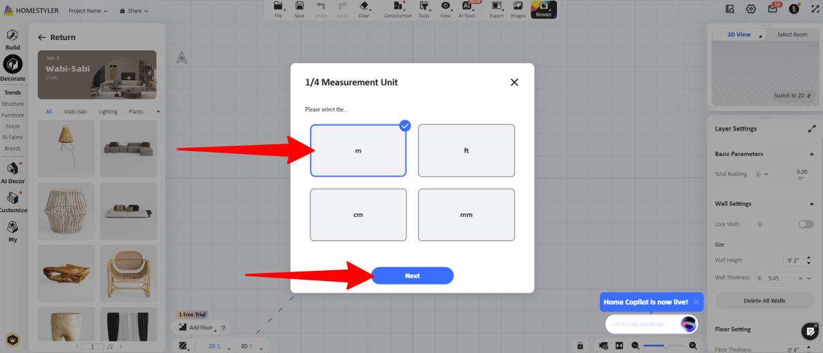 Choosing the floor plan unit of measurements in Homestyler.