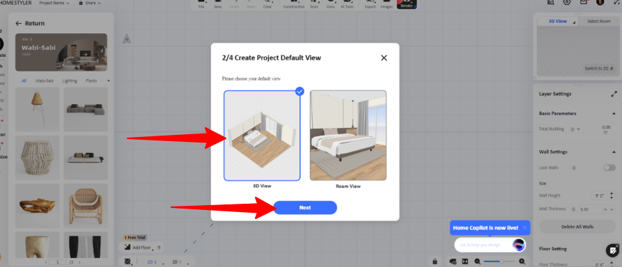 Choosing the project default view in Homestyler.