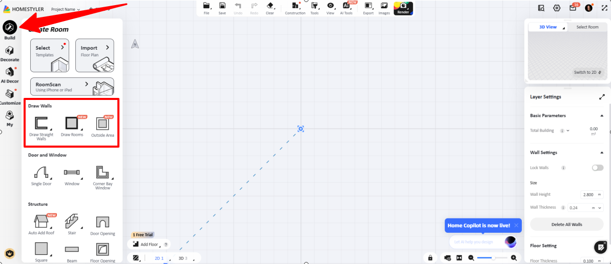 Choosing the method to draw walls with Homestyler.