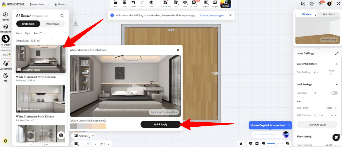 Applying a White Minimalist Style Bedroom with AI Decor with Homestyler.