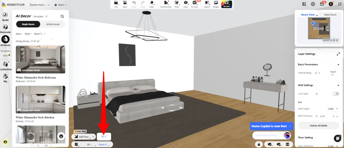 Changing the room view from 2D to 3D in Homestyler.
