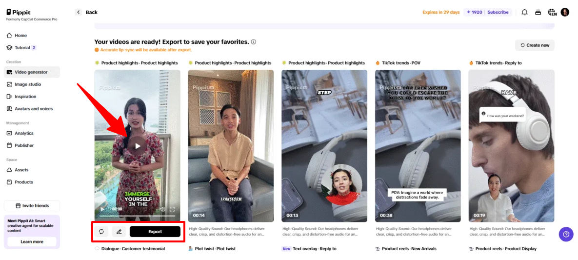 VIewing the preview, remix, edit, and export options when hovering over a video generated with Pippit AI.