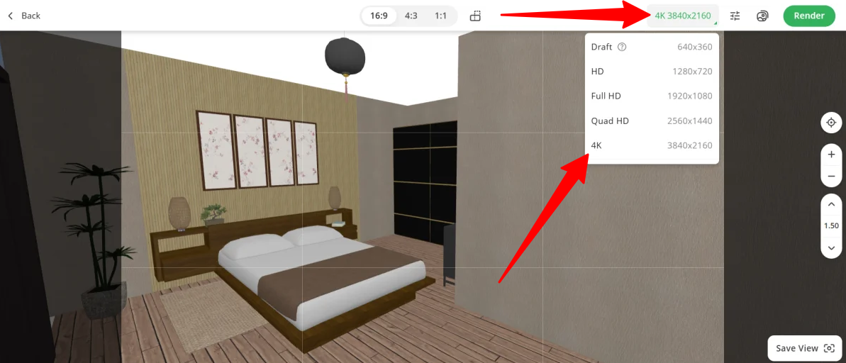 CHoosing the photo quality for a render made with Planner 5D.