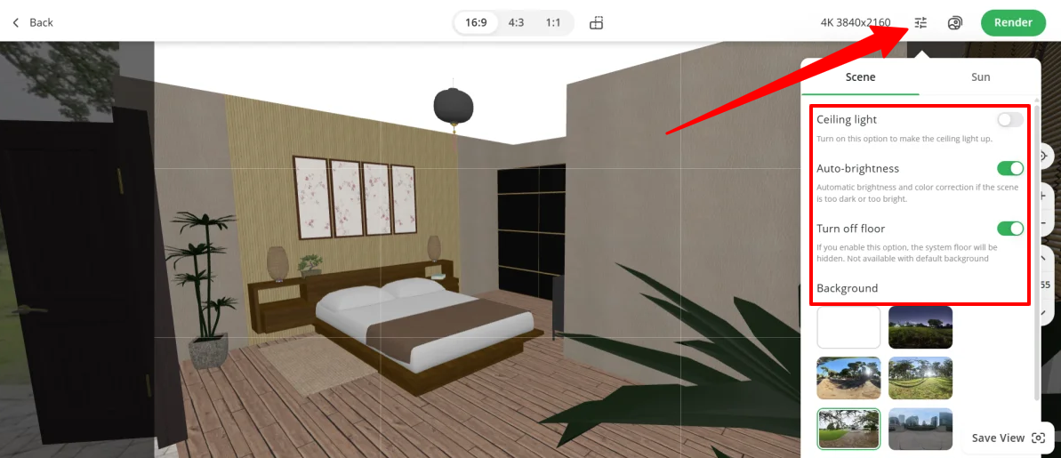 Adjusting the scene settings on a render made with Planner 5D.