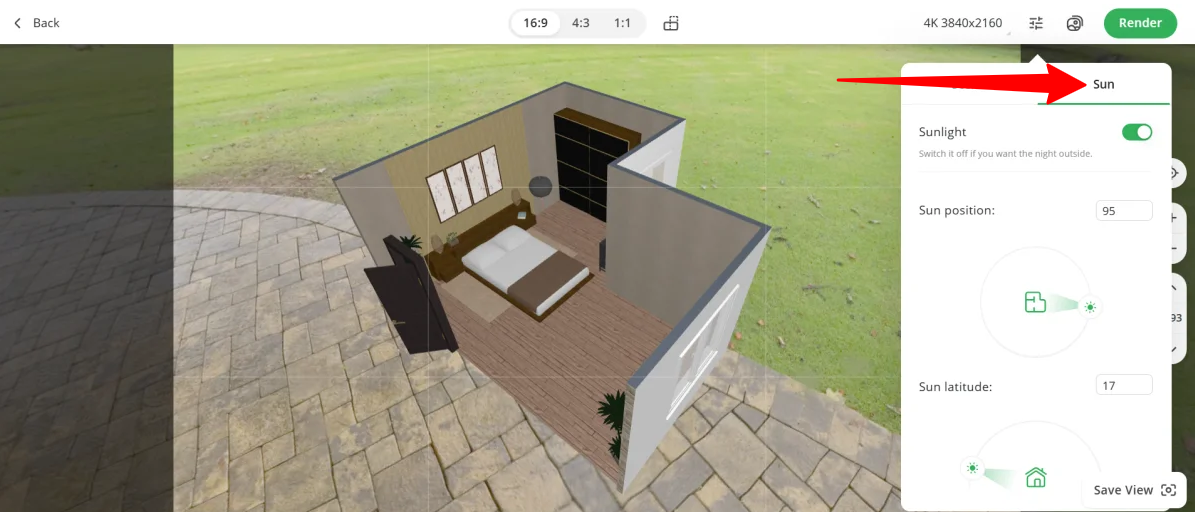 Adjusting the sunlight on a render made with Planner 5D.
