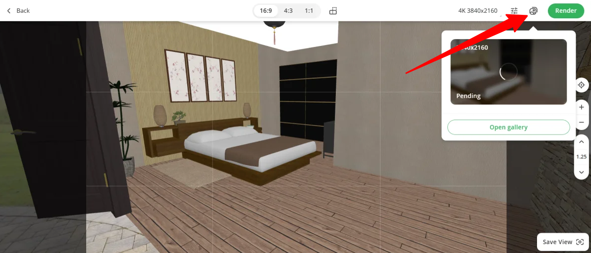 Viewing the render progress of an image in Planner 5D.