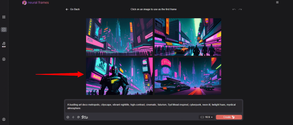 Selecting one of the images generated with Neural Frames to be used as the first frame of a video.