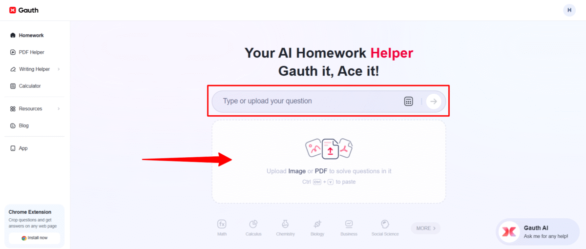 Typing in a question or uploading an image or PDF to Gauthmath.
