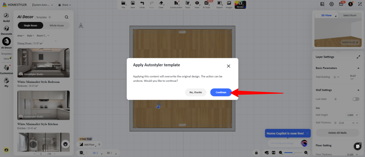 Applying an Autostyler template to a floor plan using Homestyler.