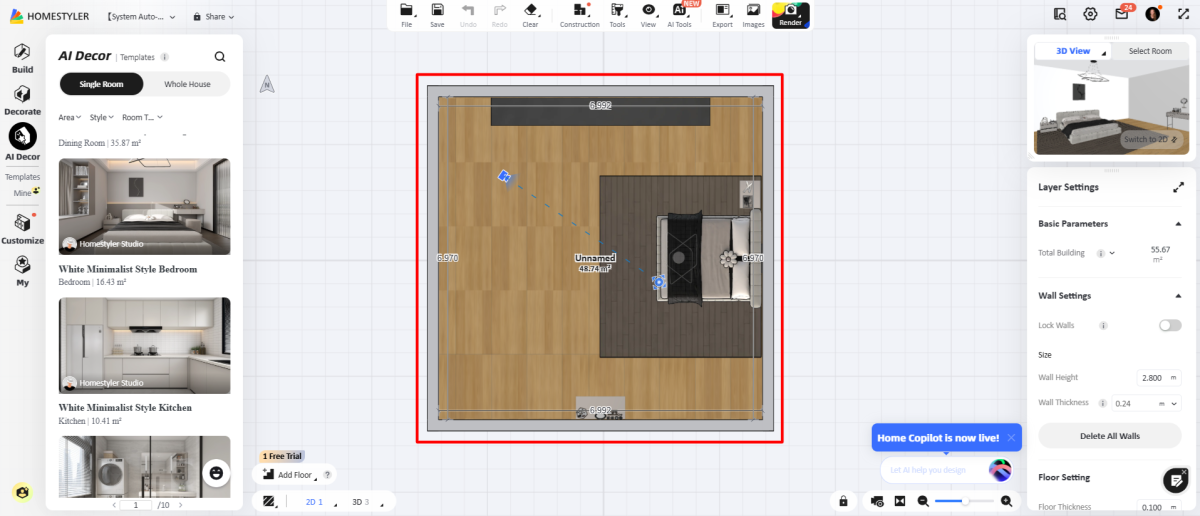 A room that has automatically been transformed into an AI bedroom template using Homestyler.