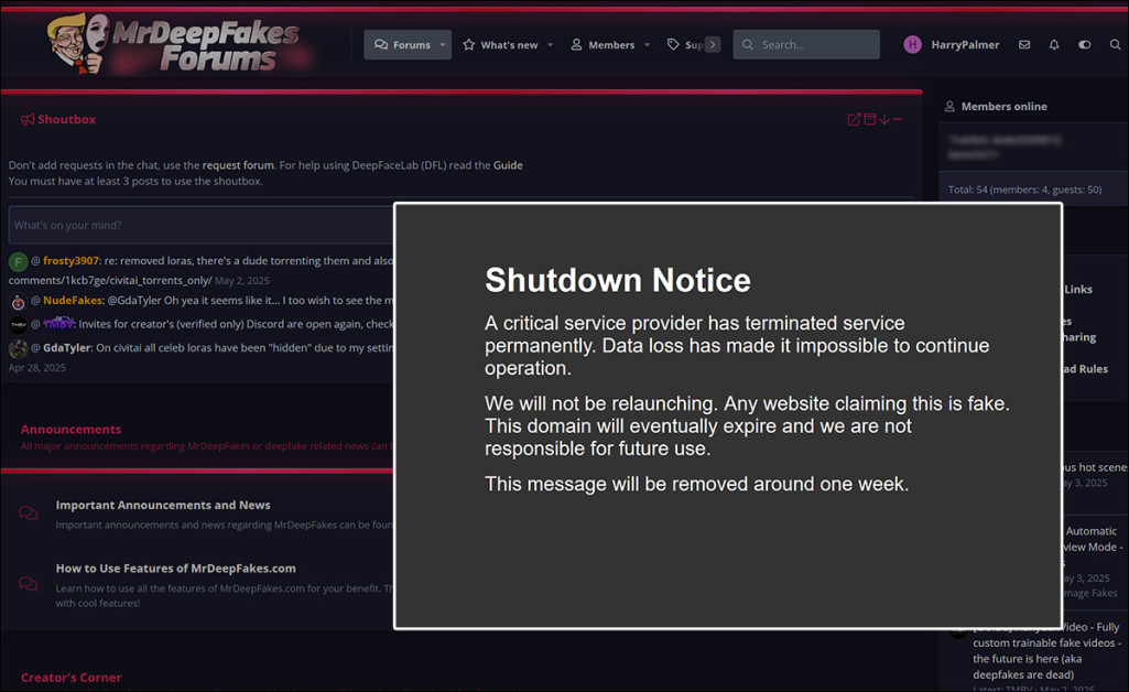 Background, the Mr. Deepfakes domain in early May; inset, the suspension notice, now replaced by a 404 error, since the domain was apparently purchased by an unknown buyer on the 4th of May, 2025 (https://www.whois.com/whois/mrdeepfakes.com). Source: mrdeepfakes.com
