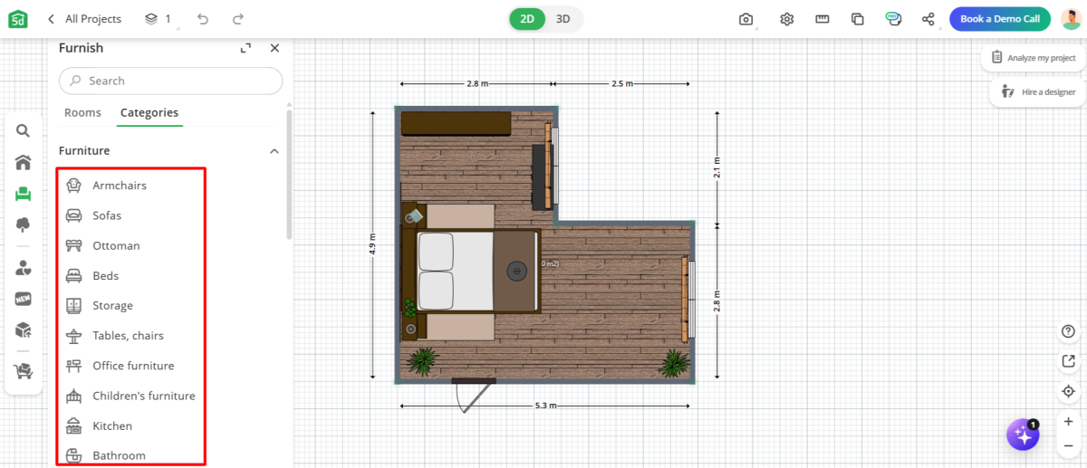 Different furniture options to add to a floorplan made with Planner 5D.