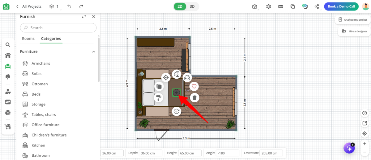 Selecting an item and viewing the options on a floorplan made with Planner 5D..