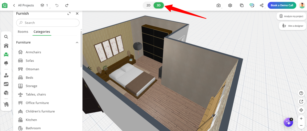 Switching from 2D to 3D on a project in Planner 5D.