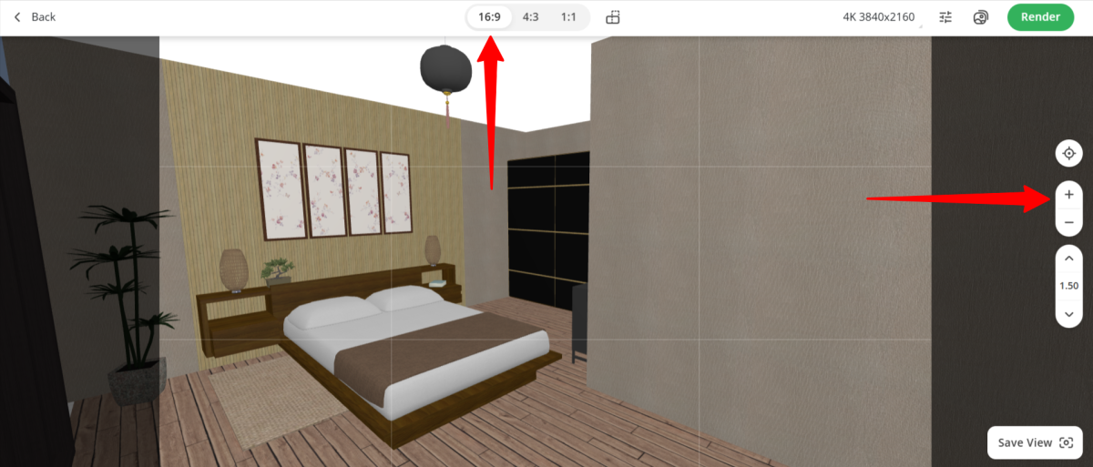 Selecting the aspect ratio and zoom when creating a render with Planner 5D.