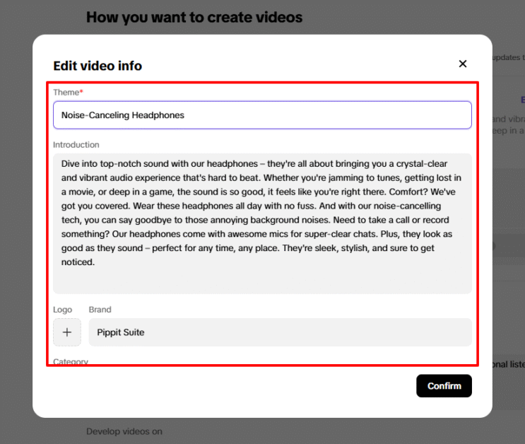 Adding video information to a video that will be generated with Pippit AI.