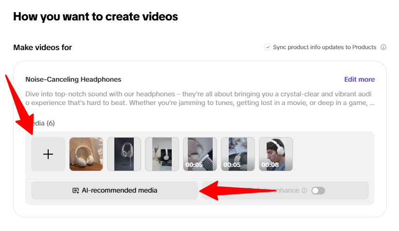Adding media when generating a video with Pippit AI.
