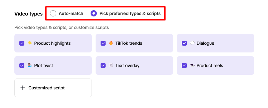 Choosing a video type when generating a video with Pippit AI.