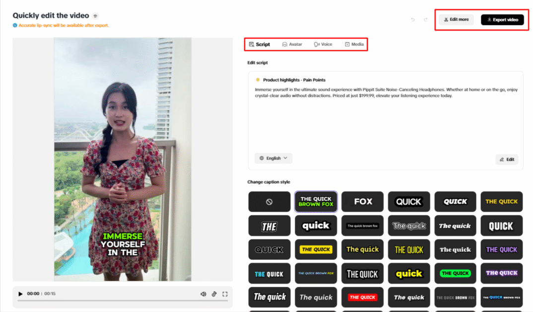 Editing and exporting a video with Pippit AI.