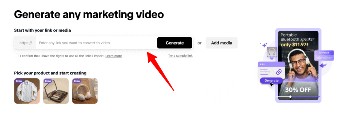 Pasting a link in the empty field to generate a marketing video with Pippit AI.
