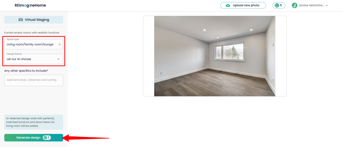 Choosing the space type and design theme for virtual staging being done with REimagine Home.