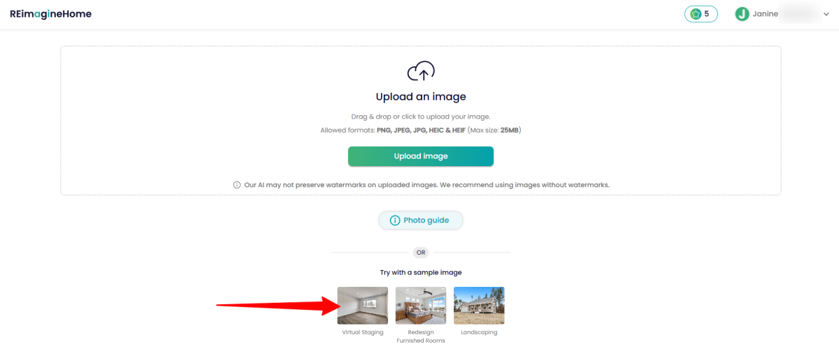 Uploading the Virtual Staging sample image to REimagine Home.