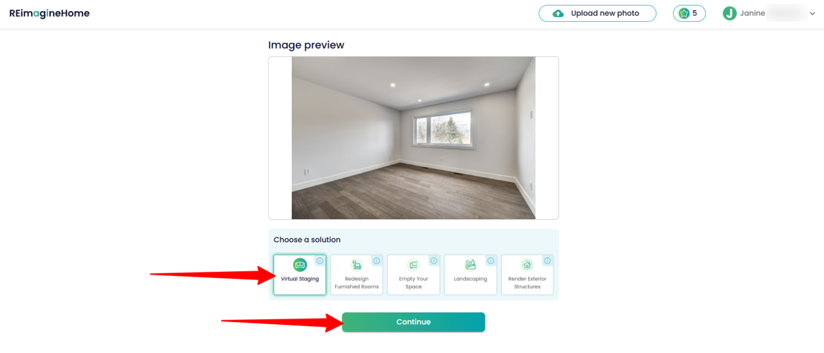 Selecting "Virtual Staging" as the solution for an image of an empty room when using REimagine Home.